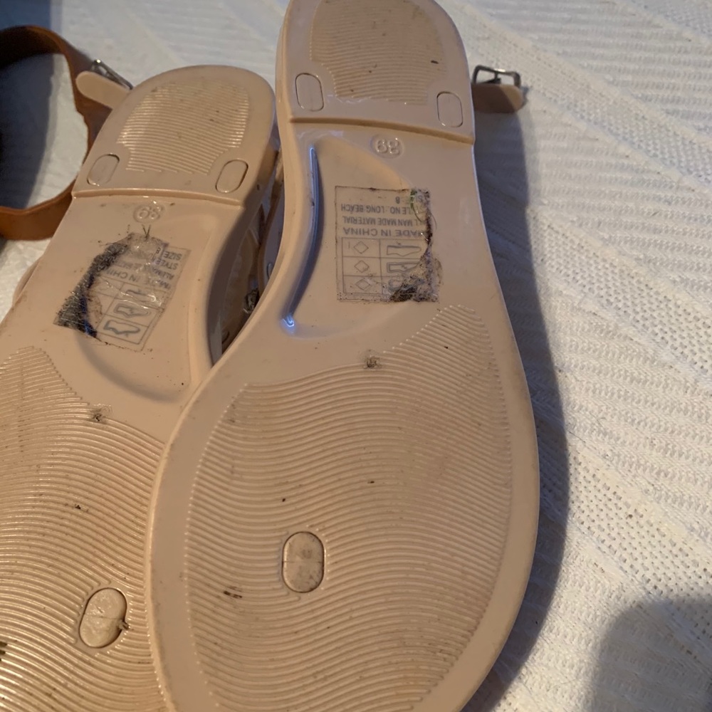 Nude Jeweled T-Strap Sandals with Sparkling Accents - Picture 4 of 4